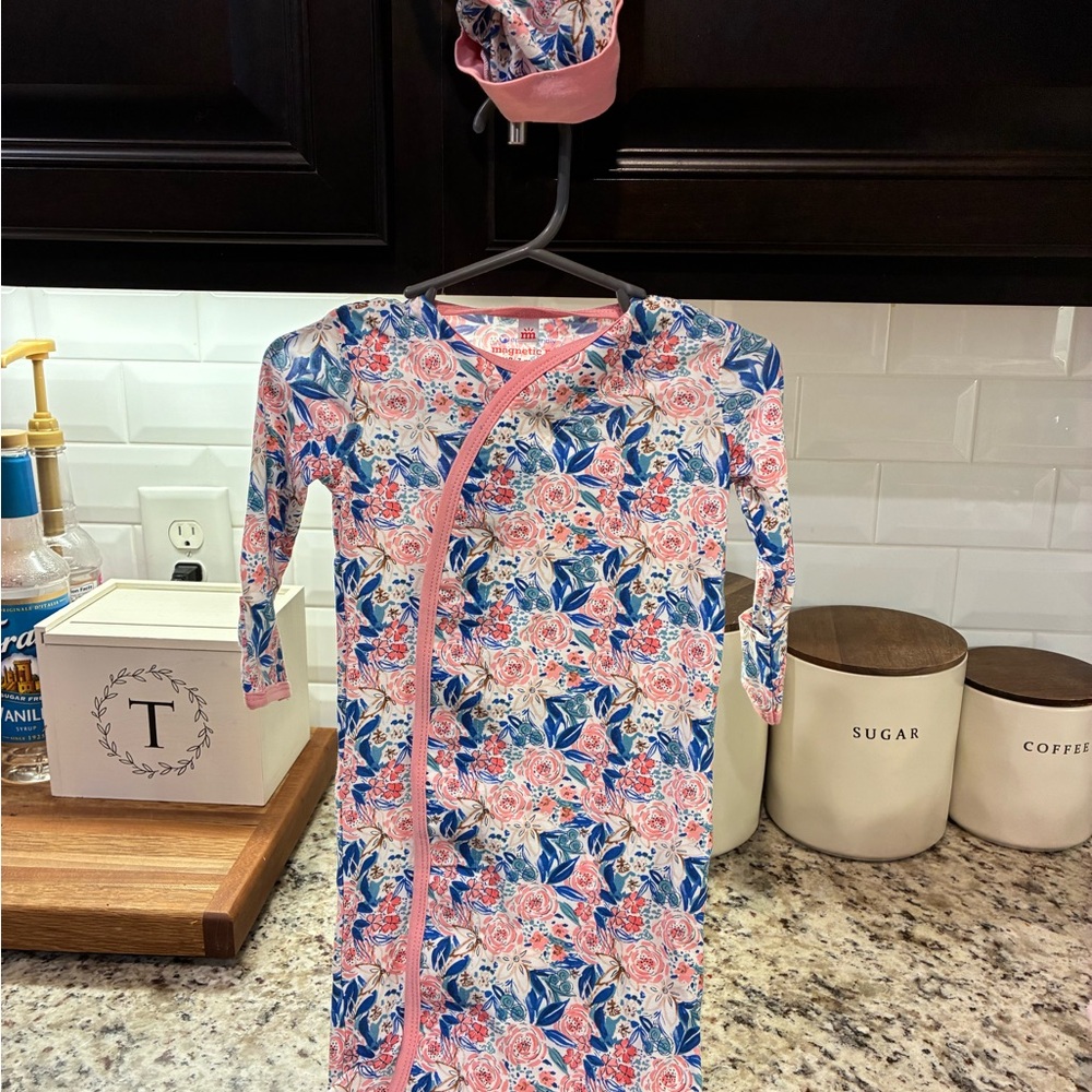 Magnetic Me Pink and Blue Floral Baby Outfit (gown and hat)